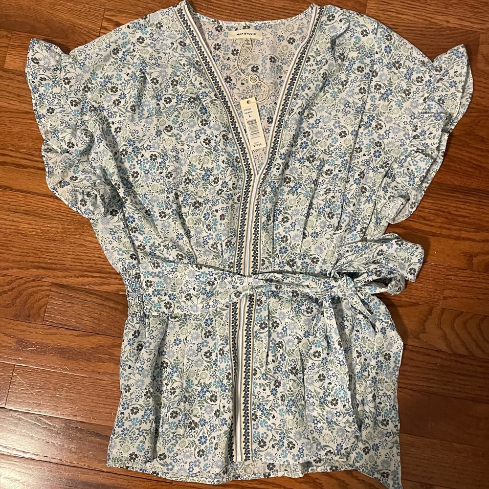 Max Studio Women Tie Front Top Ruffled Cap Sleeves Floral Print Size Large NWT